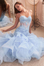 Vestido de fiesta largo de sirena con volantes brillantes, apliques de encaje y tul para mujer. 
