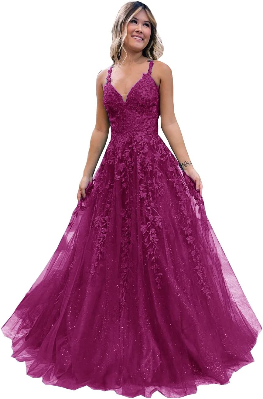 Robe de bal longue en tulle pailleté et dentelle florale, col V, robe de soirée maxi 