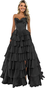 Robe de bal bustier sans bretelles pour femme 2025, longue robe de soirée formelle en mousseline à volants étagés avec fente 