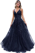 Robe de bal longue en tulle pailleté et dentelle florale, col V, robe de soirée maxi 