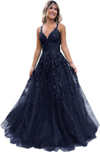 Robe de bal longue en tulle pailleté et dentelle florale, col V, robe de soirée maxi 