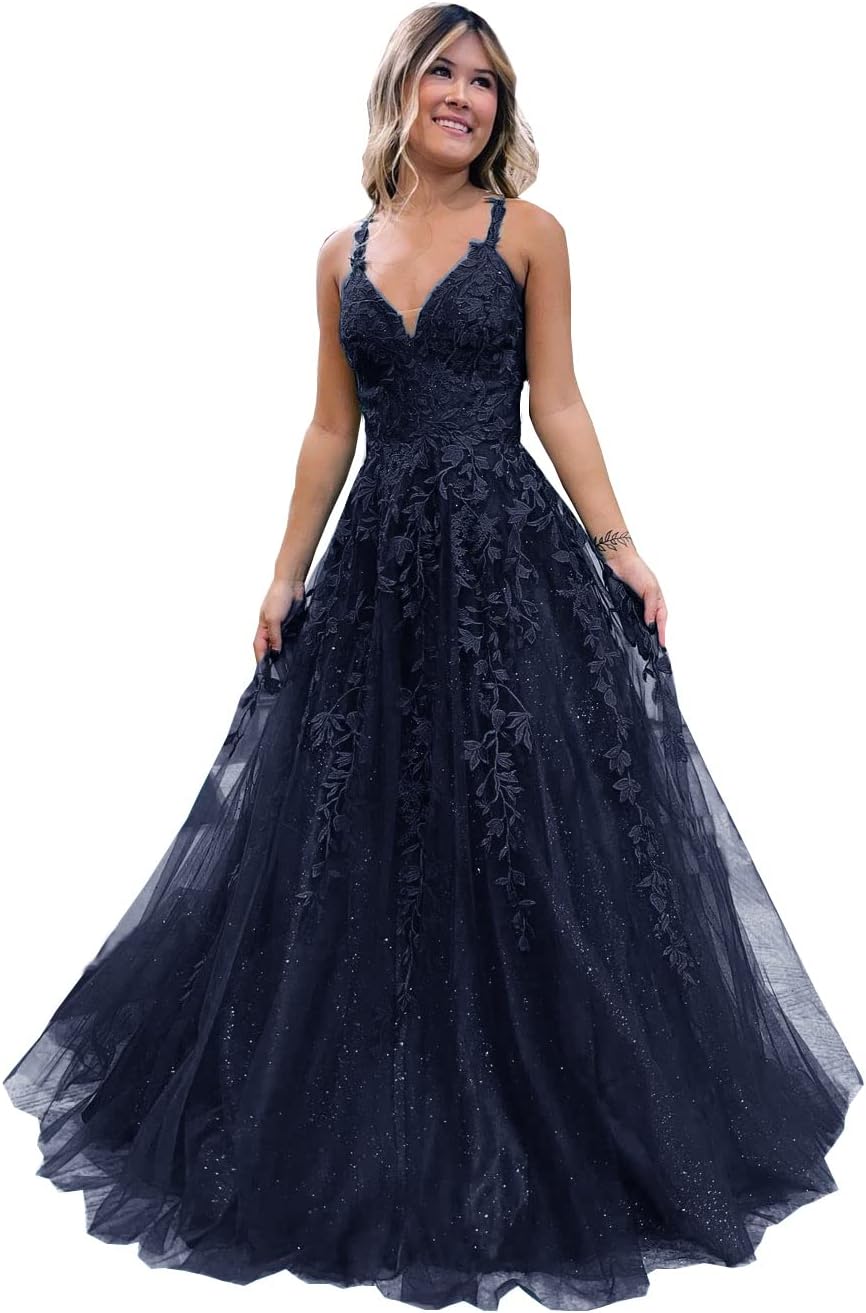 Robe de bal longue en tulle pailleté et dentelle florale, col V, robe de soirée maxi 