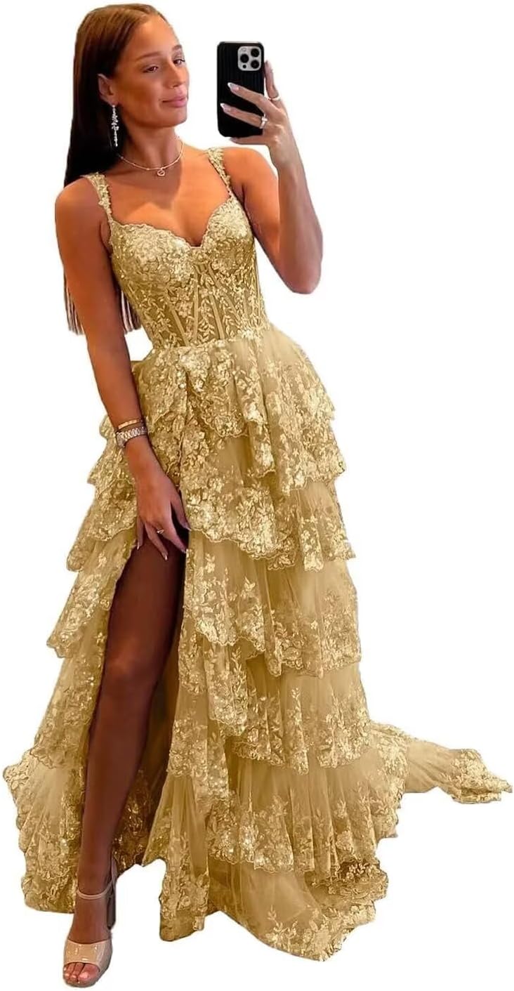 Robe de bal longue en tulle et dentelle à volants scintillants, collection 2025, bretelles spaghetti, corset et fente. 