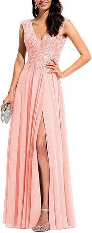 Vestido de dama de honor con apliques de gasa, escote largo en V, cuentas y abertura. 