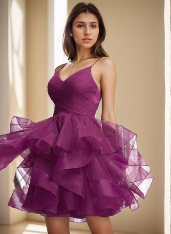 Vestido corto de fiesta con volantes y tutú de tul, escote en V, vestido de gala formal. 
