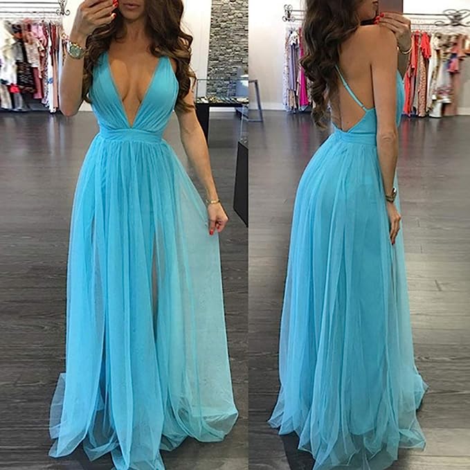 Vestidos de fiesta provocativos con escote en V, espalda descubierta y tirantes finos SYP169