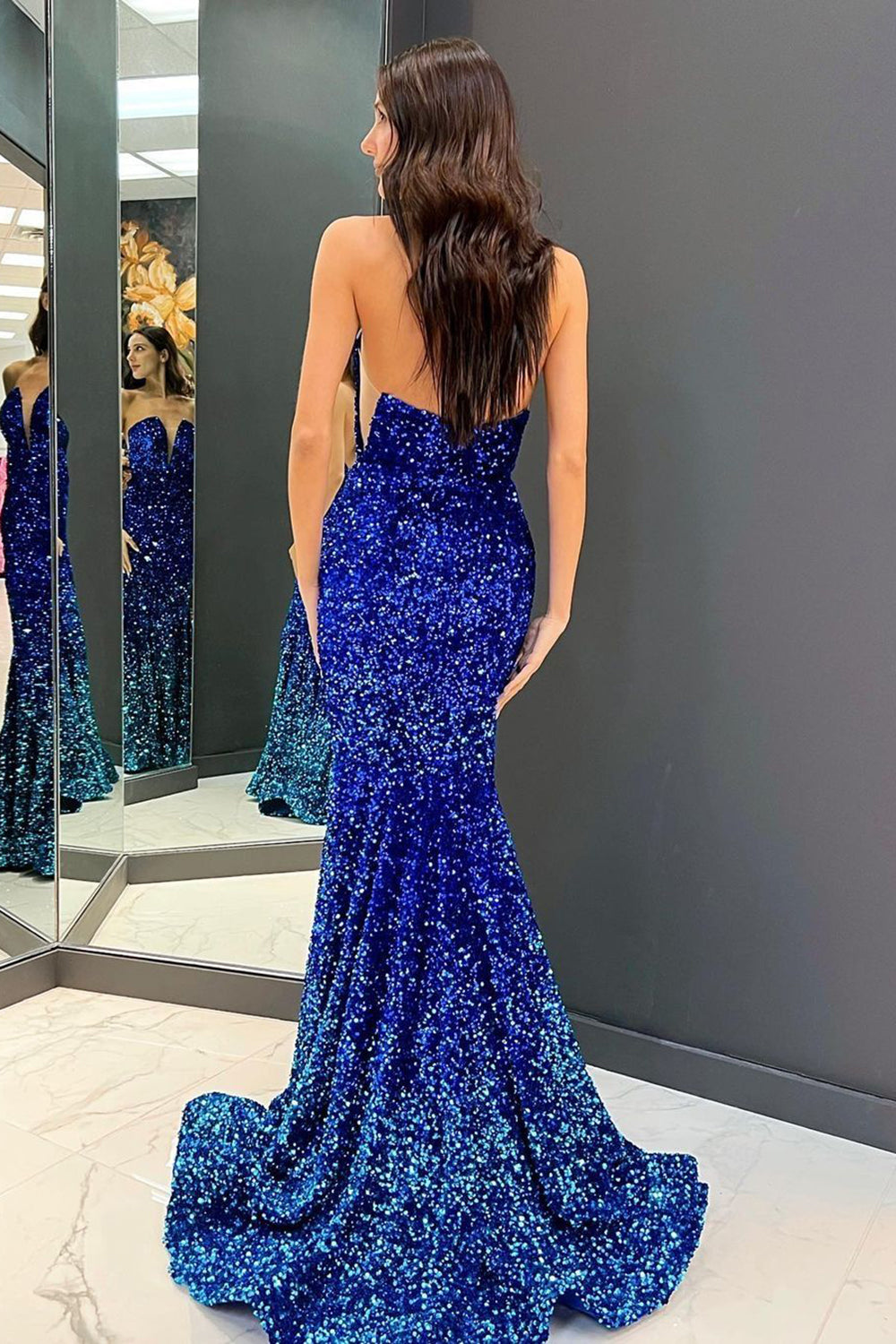 Sparkly Mermaid Sweetheart Royal Blue Sequins Long Prom Dress