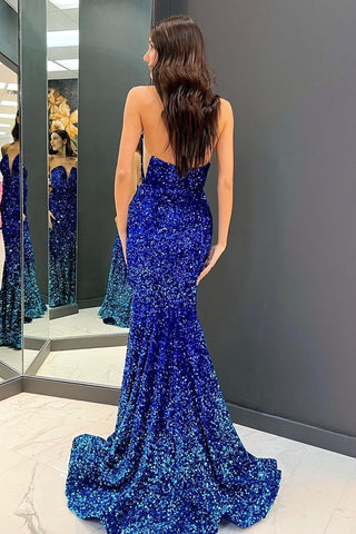 Robe de bal longue à sequins bleu roi, décolleté cœur, style sirène scintillante