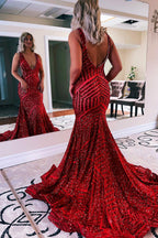 Mermaid Deep V Neck Orange Sequins Long Prom Dress with Open Back