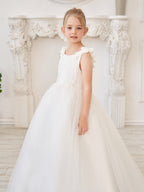 Elegante vestido blanco de tul para niña de las flores con cola corta 