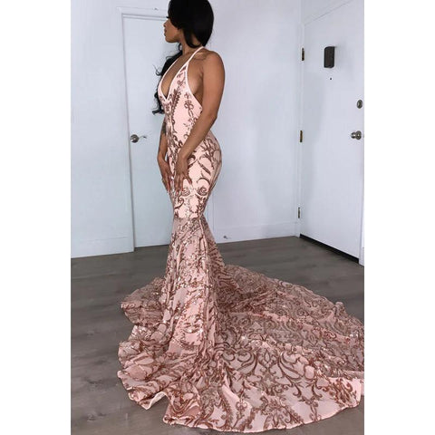 V-Neck Halter Backless Sequins Satin Mermaid Long Prom Evening Dress