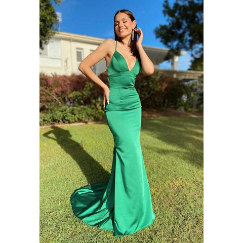 Robe de soirée sirène/trompette en satin à col en V et lacets sans manches