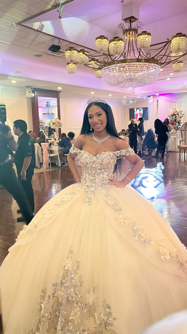 Vestido de quinceañera color champán con flores, vestido de quinceañera estilo bosque, vestido de gala con hombros descubiertos Y3026