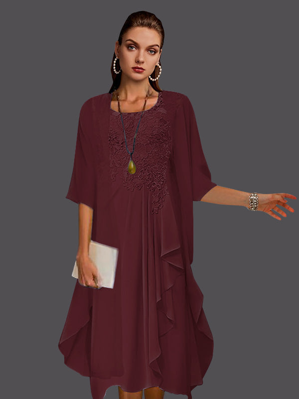 Vestidos de dos piezas de corte A, de gasa, encaje, sin mangas, con chaqueta, pliegues y apliques. 