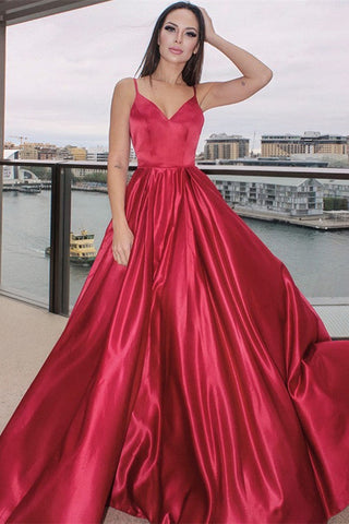 Long A-line Spaghetti Straps Satin Backless Prom Dresses with Pockets