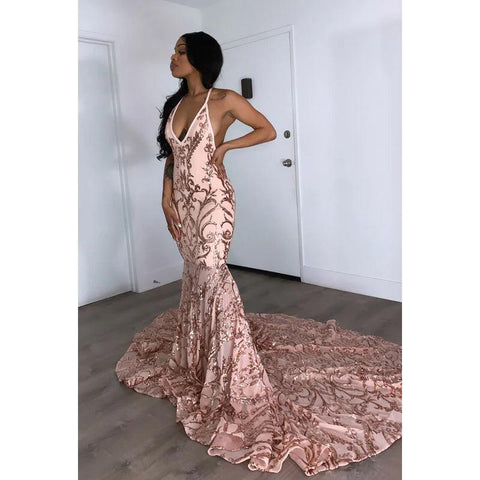 V-Neck Halter Backless Sequins Satin Mermaid Long Prom Evening Dress