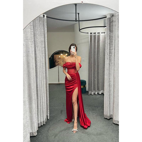 Sheath/Column Off-Shoulder Satin Pleats Sleeveless Prom Evening Formal Dress