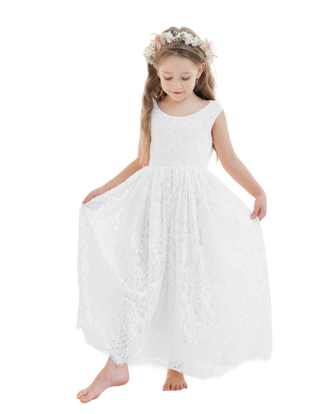 Vestido boho de niña de las flores color marfil, corte en A, de encaje y largo hasta el tobillo 