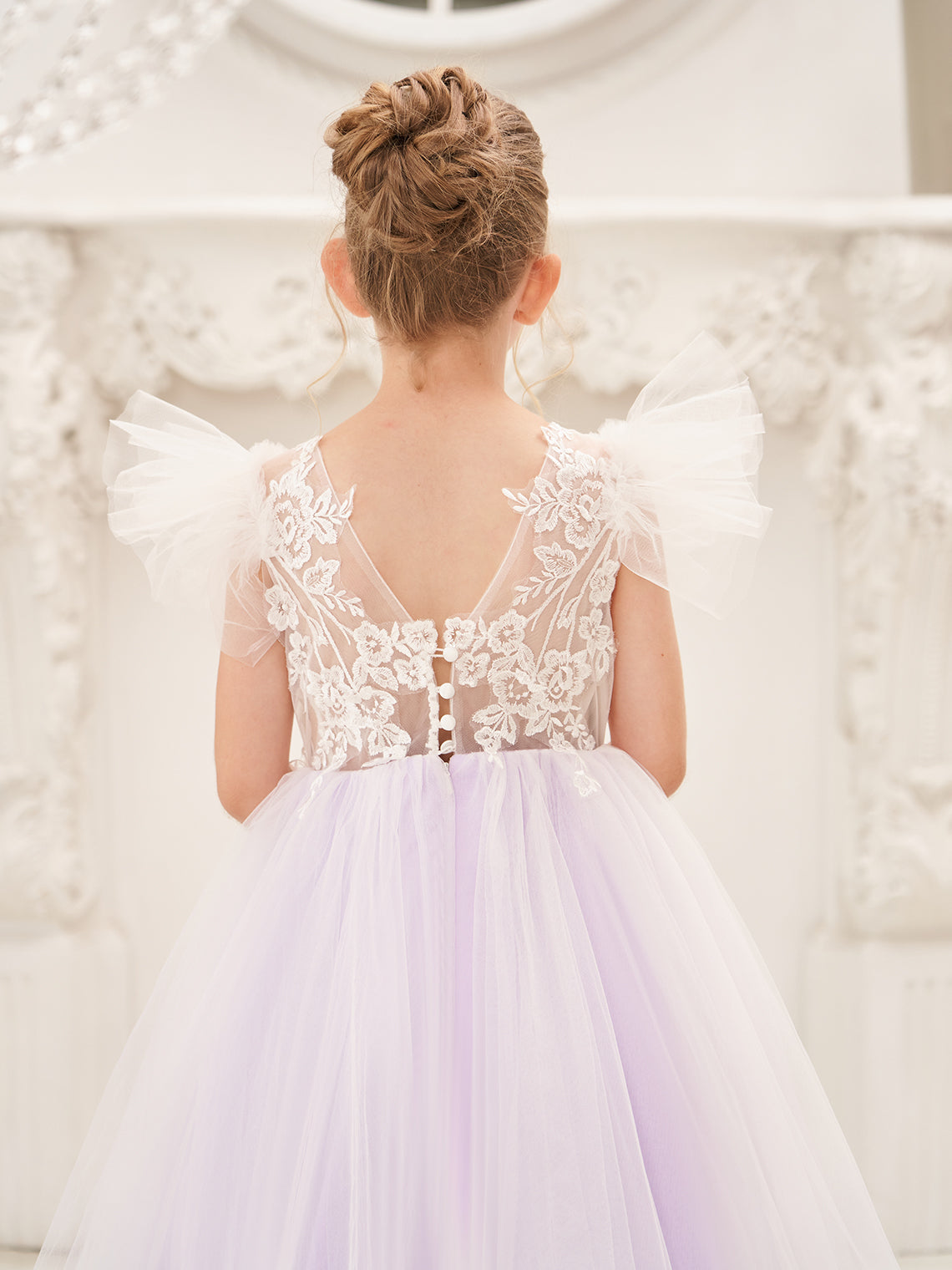 Vestido de niña de las flores con cola de tul y encaje desmontable 