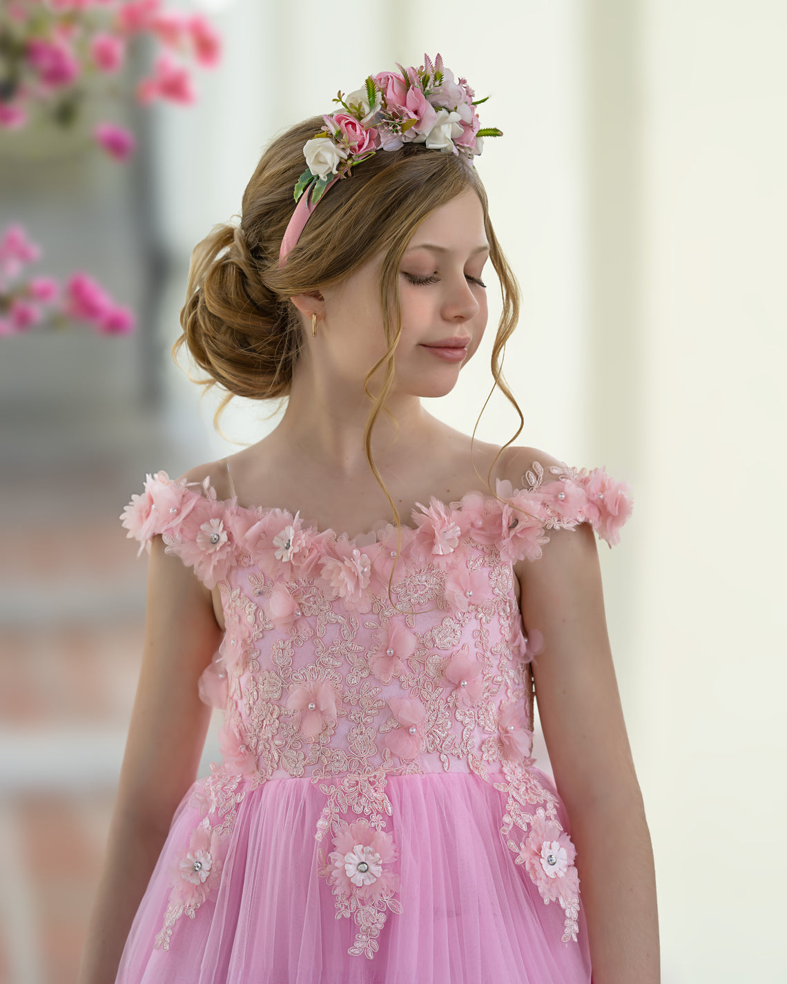 Vestido de gala/princesa rosa con cola de encaje para cumpleaños 