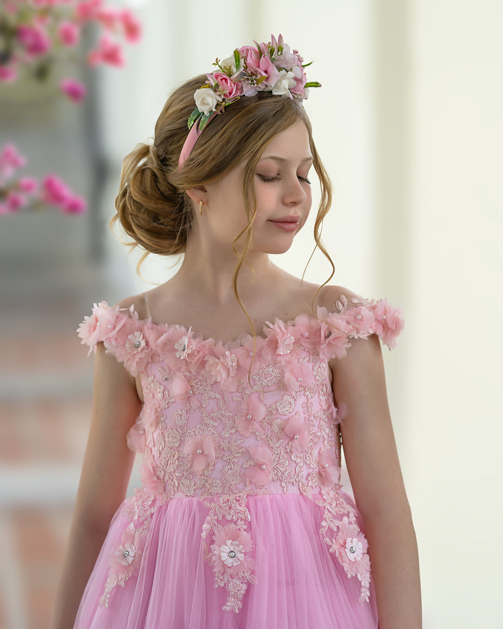 Vestido de gala/princesa rosa con cola de encaje para cumpleaños 