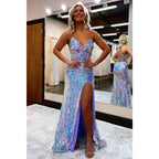 Robe de bal à bretelles spaghetti et paillettes pour femme avec fente