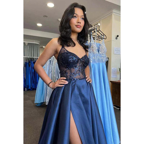 V-Neck Sequins Beaded Satin A-Line Long Prom Gown With Slit