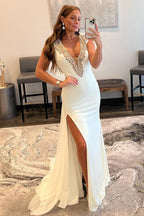 Deep V-Neck Backless Prom Dress with Beading