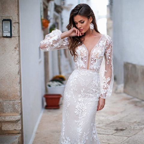 Luxury Backless Tulle Mermaid Wedding Dresses 2022 Long Sleeve Lace Appliques V-neck White Bridal Gown vestidos de novia