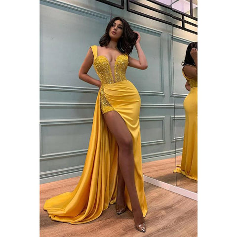 Robe de bal sirène jaune sexy à col en V profond et fente 