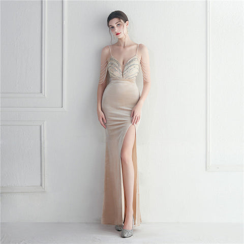 Robe de soirée longue coréenne en velours à sequins pour fête annuelle – Glamour mondain 