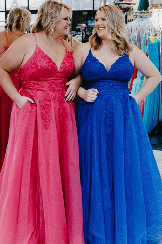 A Line Spaghetti Straps Royal Blue Plus Size Prom Dress with Appliques