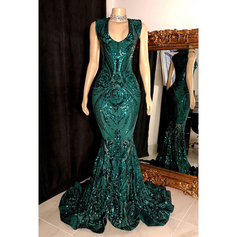 Vestido de fiesta de noche sin mangas con lentejuelas de sirena glamuroso y dramático
