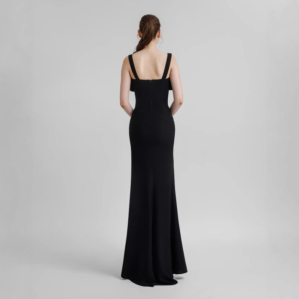 Vestido de graduación elegante con tirantes de diamantes, lazo y abertura 