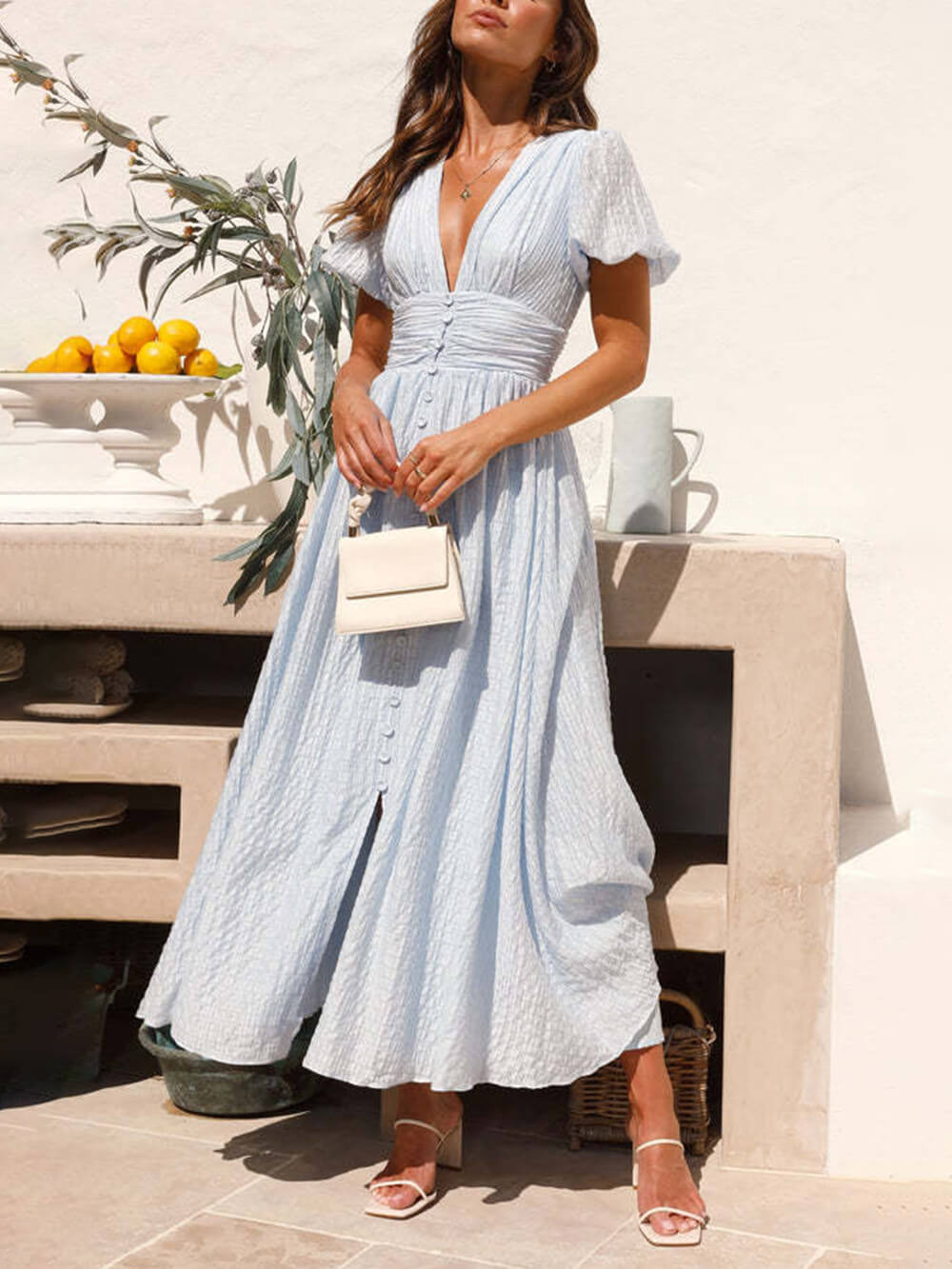 Robe longue oversize à manches bouffantes et col en V 