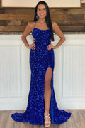 Sparkly Royal Sequins Mermaid Long Prom Dress with Slit