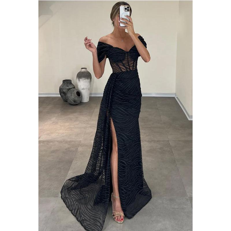 Robe de bal fourreau à manches courtes et épaules dénudées, glamour et spectaculaire