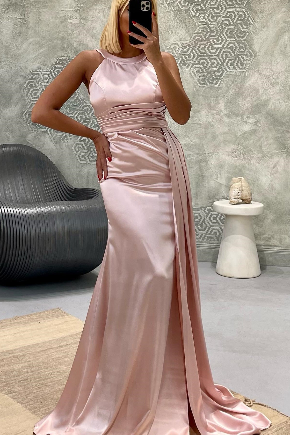 Elegant Long Mermaid Jewel Satin Formal Prom Dress