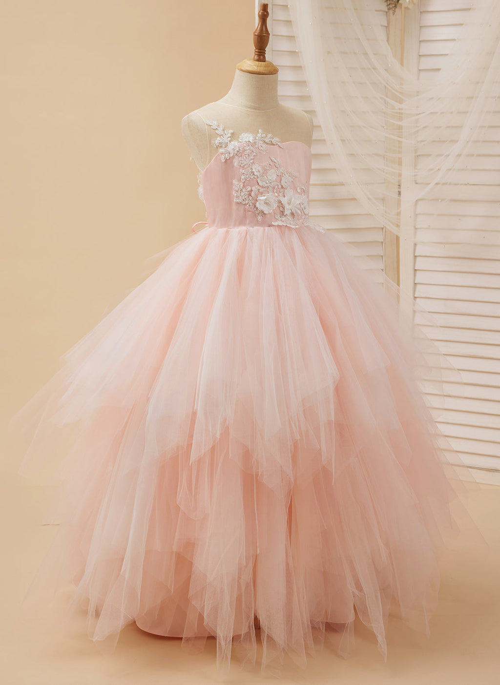 Vestido de baile/princesa de encaje y tul rosa hasta el suelo (2003226757)
