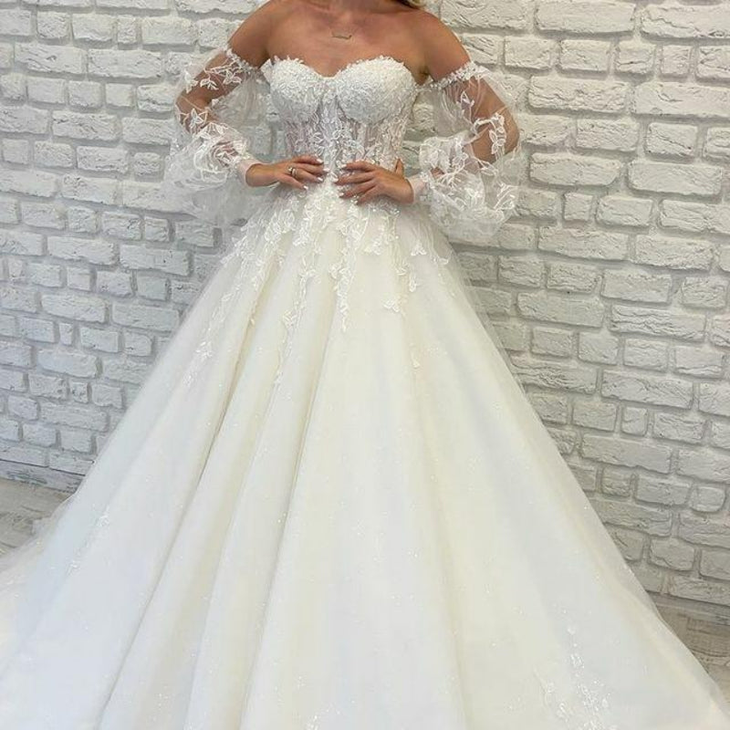 Robe de mariée en tulle à décolleté cœur, épaules dénudées, lacets, applications et perles, robe de mariée en dentelle à manches bouffantes, collection 2022