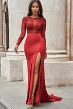 Stunning Long Sleeves Satin Lace Mermaid Prom Dresses with Slit