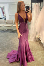 Robe de bal longue bleu roi sirène à décolleté plongeant et perles