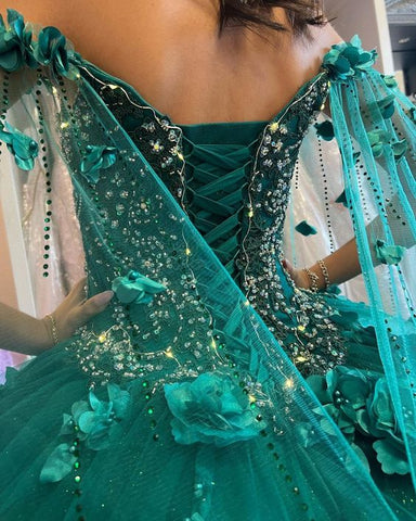 Robe de quinceañera vert émeraude à épaules dénudées et à fleurs, nouveauté, robe de bal pour les 16 ans, référence Y1226