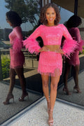 Vestido corto de fiesta de bienvenida único de dos piezas, rosa fucsia con lentejuelas y borla