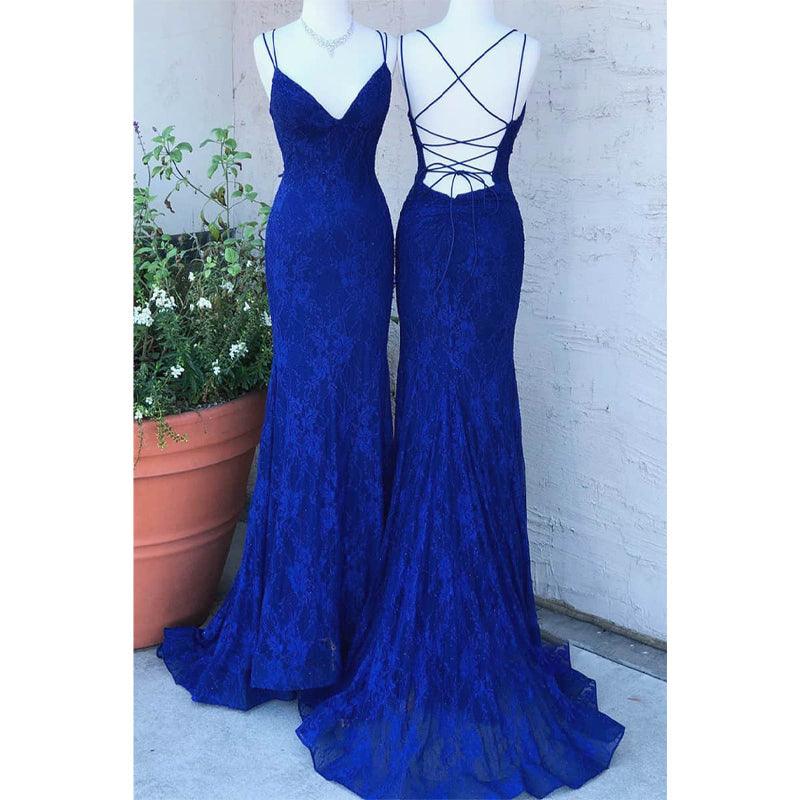 Robe de bal sirène bleu roi en dentelle à bretelles spaghetti et col en V