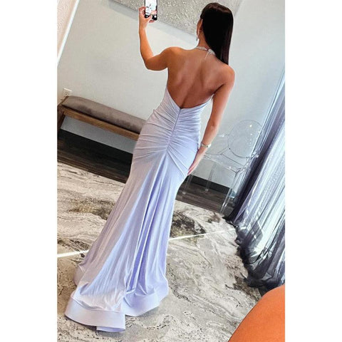 V-neck Halter Trumpet Pleats Beaded Party Prom Evening Dress