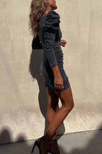 Robe mini stretch à manches bouffantes et fronces en jean « All The Best » 