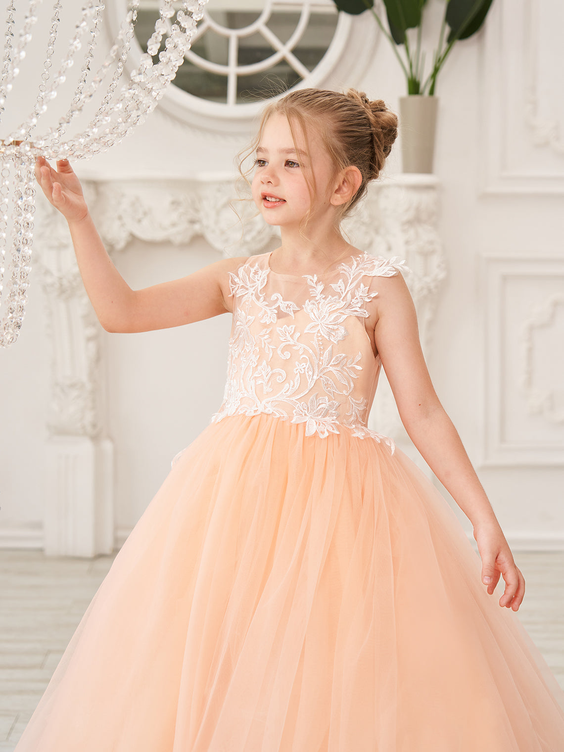 Elegante vestido de princesa sin mangas de tul para niña de las flores, corte en A 