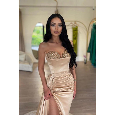 Vestido de noche largo de satén fruncido con lentejuelas y escote corazón sin tirantes para fiesta de graduación