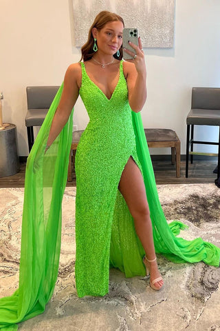 Vestido largo de fiesta con lentejuelas y cola Watteau